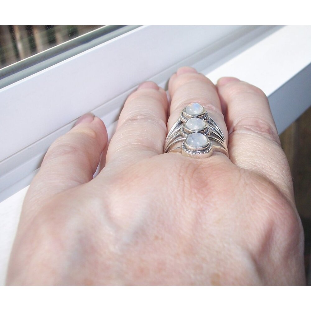 925 STERLING SILVER Genuine Rainbow Moonstone Statement Ring - Picture 4 of 14